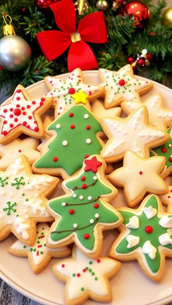 A colorful assortment of decorated Christmas sugar cookies on a festive platter.